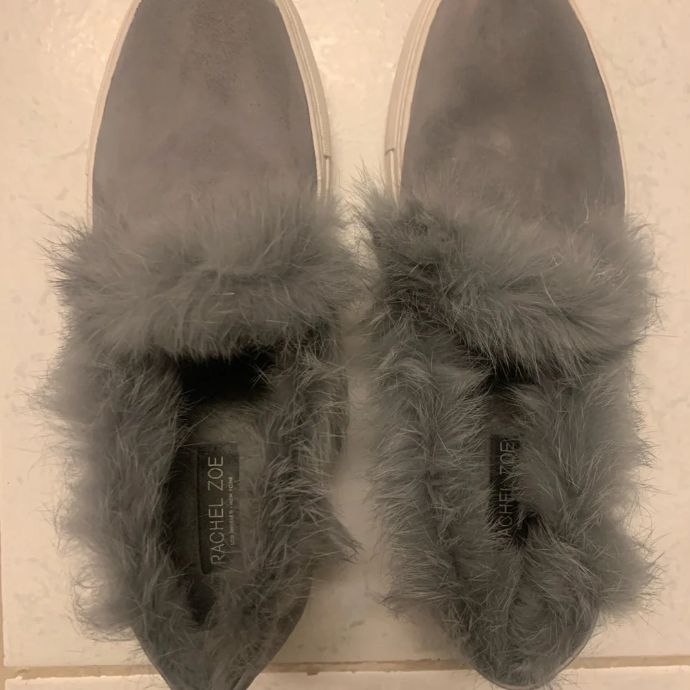 RACHEL ZOE Grey Suede Slip Ons Burke Fur Sz 7.5M Women’s GUC